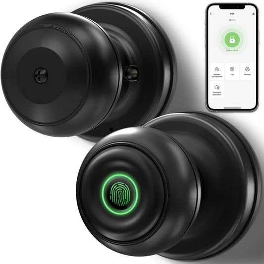 Smart Door Lock, Fingerprint Door Lock Smart Lock Biometric Door Lock Fingerprint Door Knob with App Control, Suitable for Bedrooms,Cloakroom,Apartments Offices,Hotels, Black